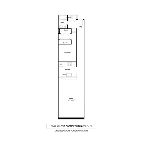 Floor plan for 1 bed, 1 bath, 830 sqft